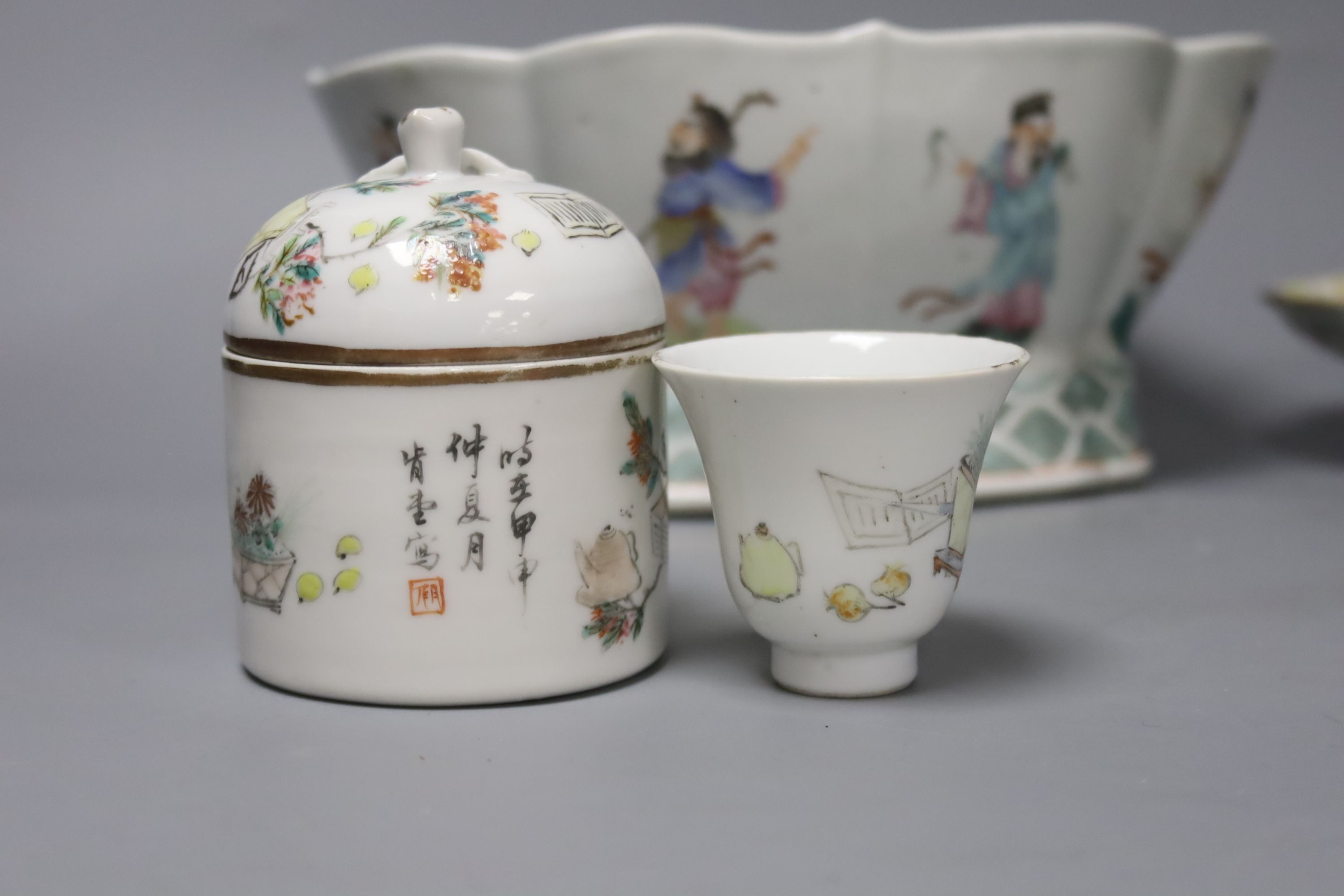 A Chinese small square porcelain bowl, Jiaqing mark, and four items of late 19th/early 20th century Chinese porcelain